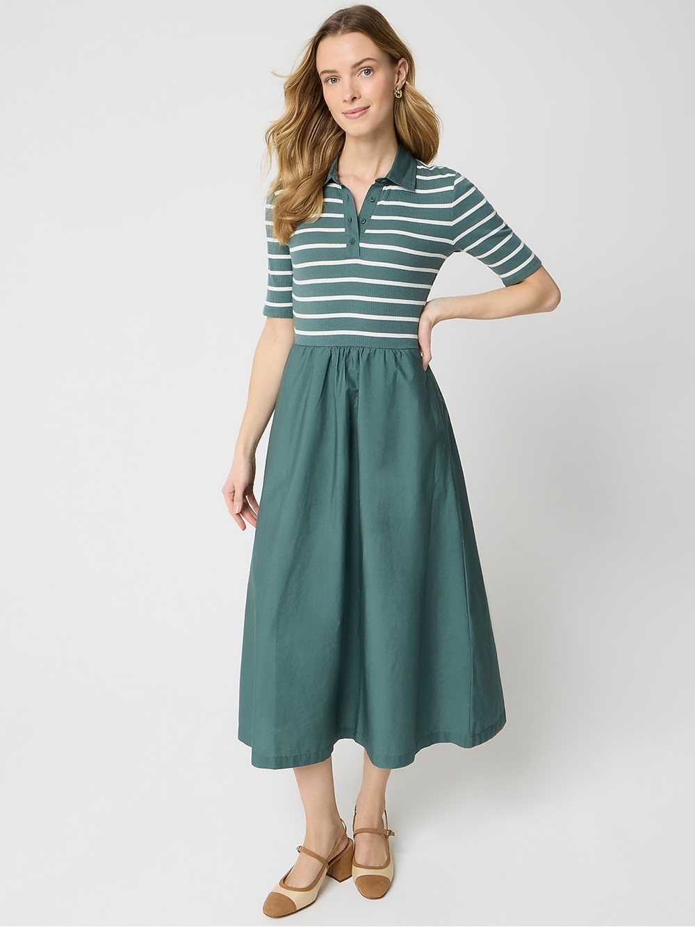 NWT J.Crew Factory Petite Striped Collared Knit Dress Pale Spinach Ivory SP Midi
